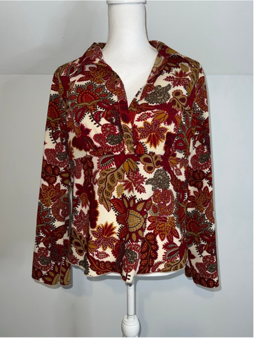 Women's Floral Paisley Orange Cream Red Paisley Blouse L